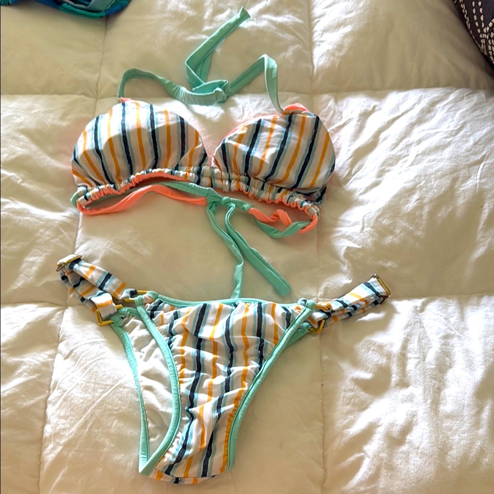 Striped Bikini Set with Gold Accents